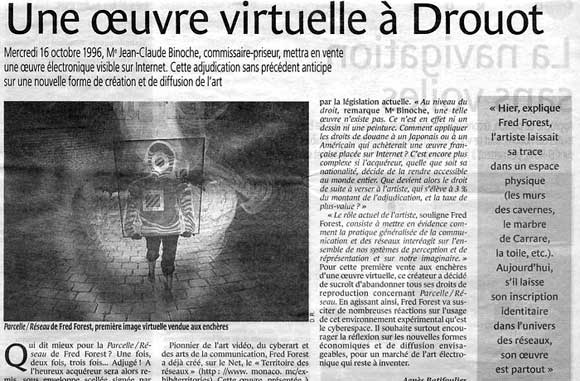 58. Jornal Le Monde de 16 de outubro de 1996. Artigo relativo  venda em leiles pblicos em primeira mo para o mundo de obra digital e virtual Parcela na rede.