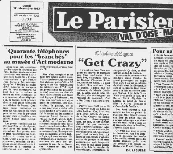 66. Artigo no jornal Le Parisien para a exposio Electra no Museu de Arte Moderna da cidade de Paris, 1983. Instalao participativa O espao comunicando de Fred Forest, utilizando simultaneamente 40 linhas de telefone, o minitel e o rdio. Dezembro de 1982/ 1983.